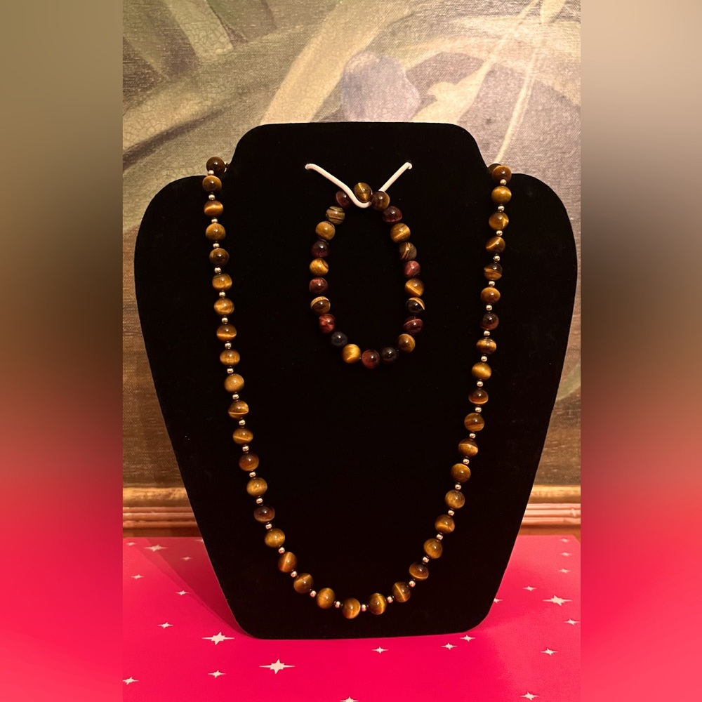 Tiger's Eye Bead Strand Pullover Vintage Necklace w/Silver Spacers & bracelet.
